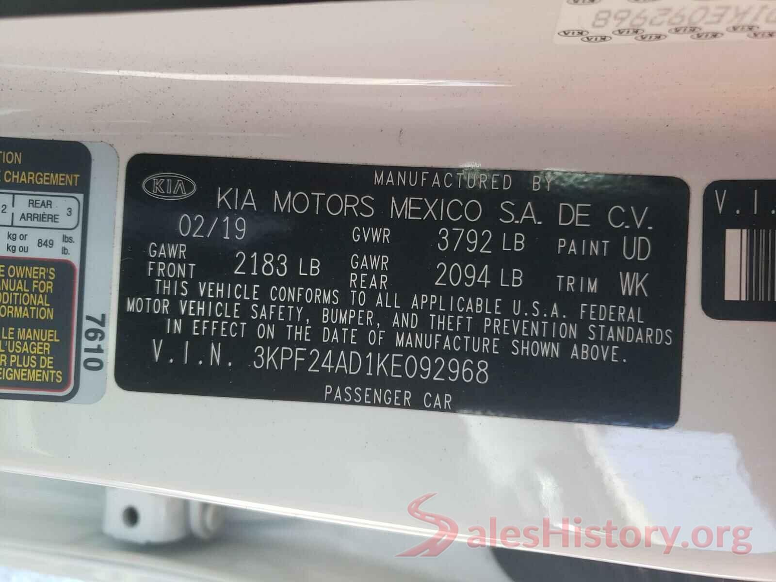 3KPF24AD1KE092968 2019 KIA FORTE