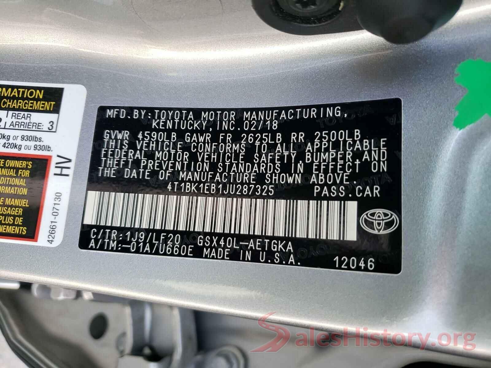 4T1BK1EB1JU287325 2018 TOYOTA AVALON