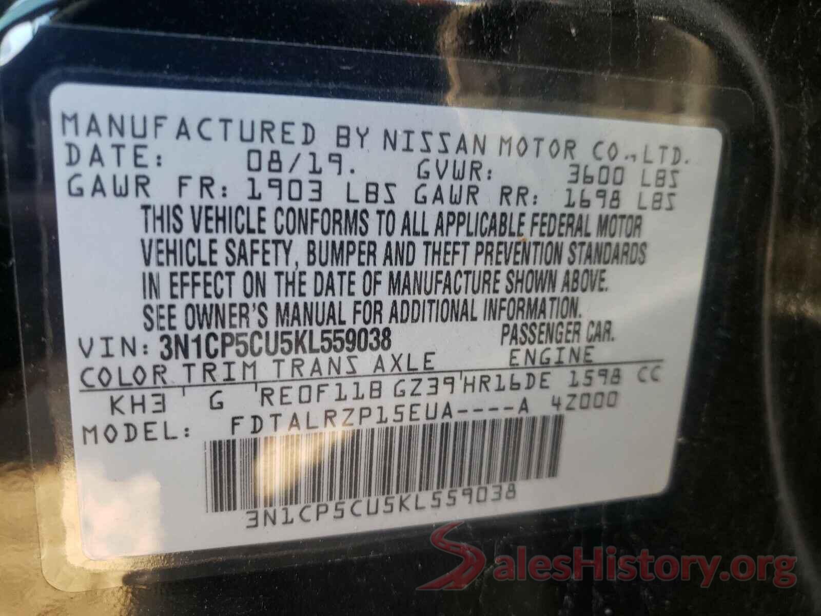 3N1CP5CU5KL559038 2019 NISSAN KICKS