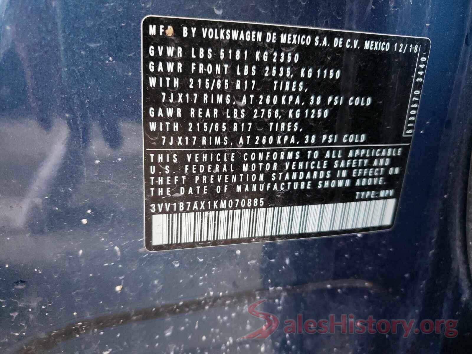 3VV1B7AX1KM070885 2019 VOLKSWAGEN TIGUAN