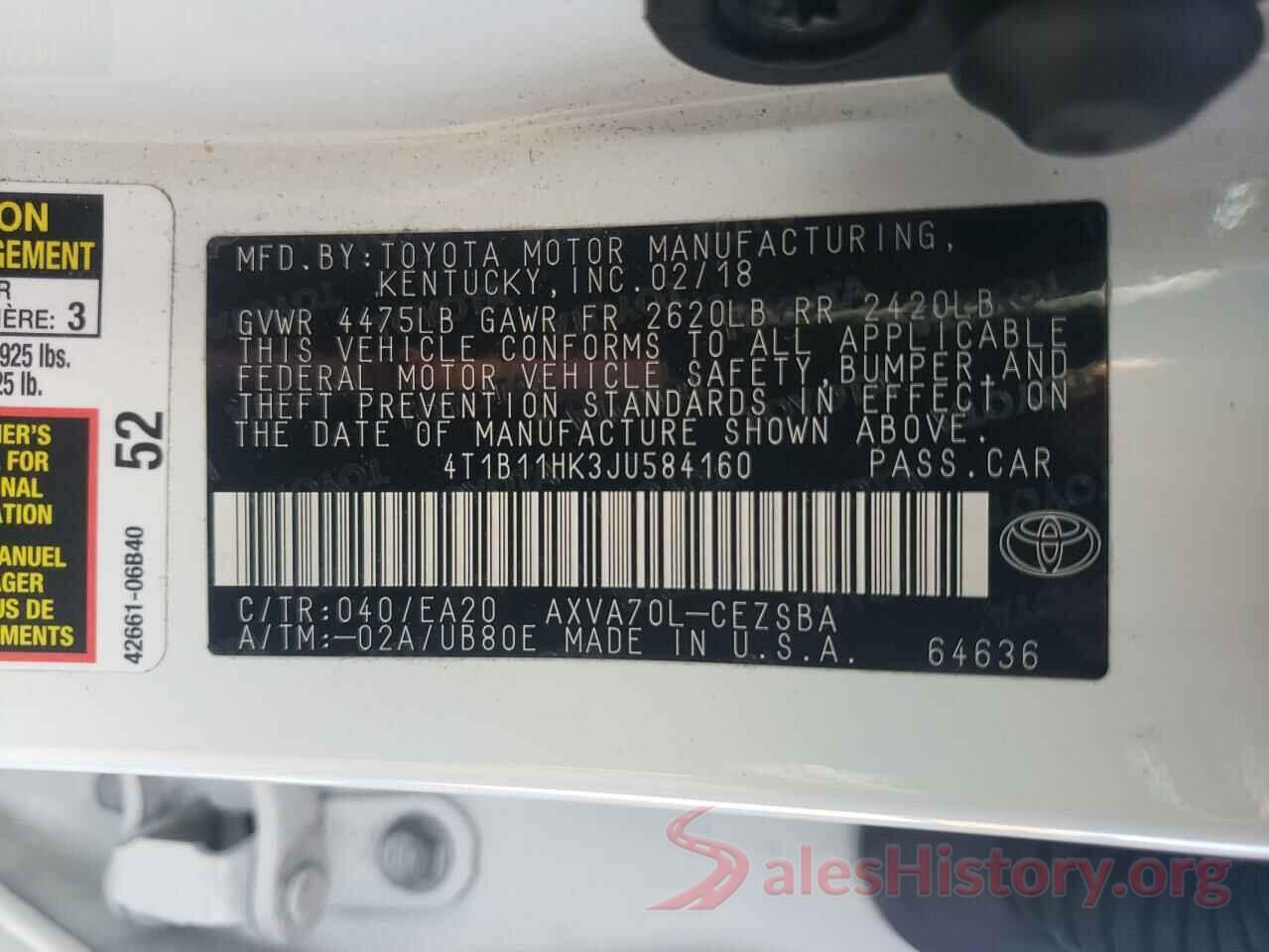 4T1B11HK3JU584160 2018 TOYOTA CAMRY