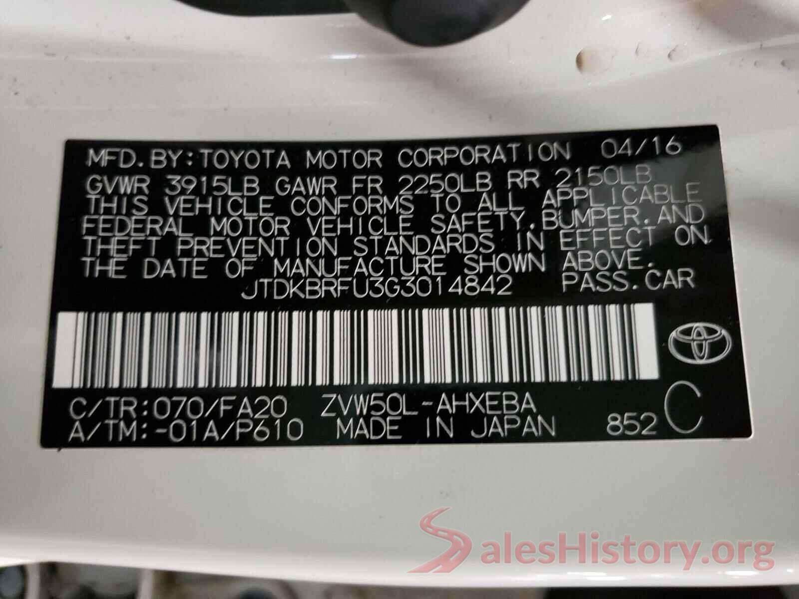 JTDKBRFU3G3014842 2016 TOYOTA PRIUS