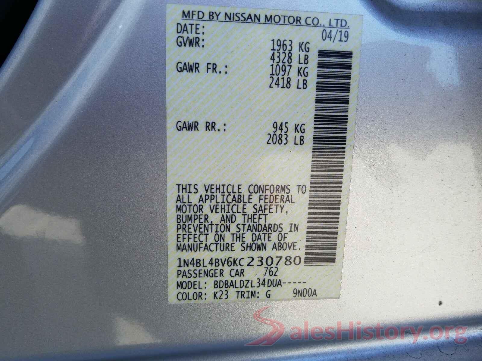 1N4BL4BV6KC230780 2019 NISSAN ALTIMA