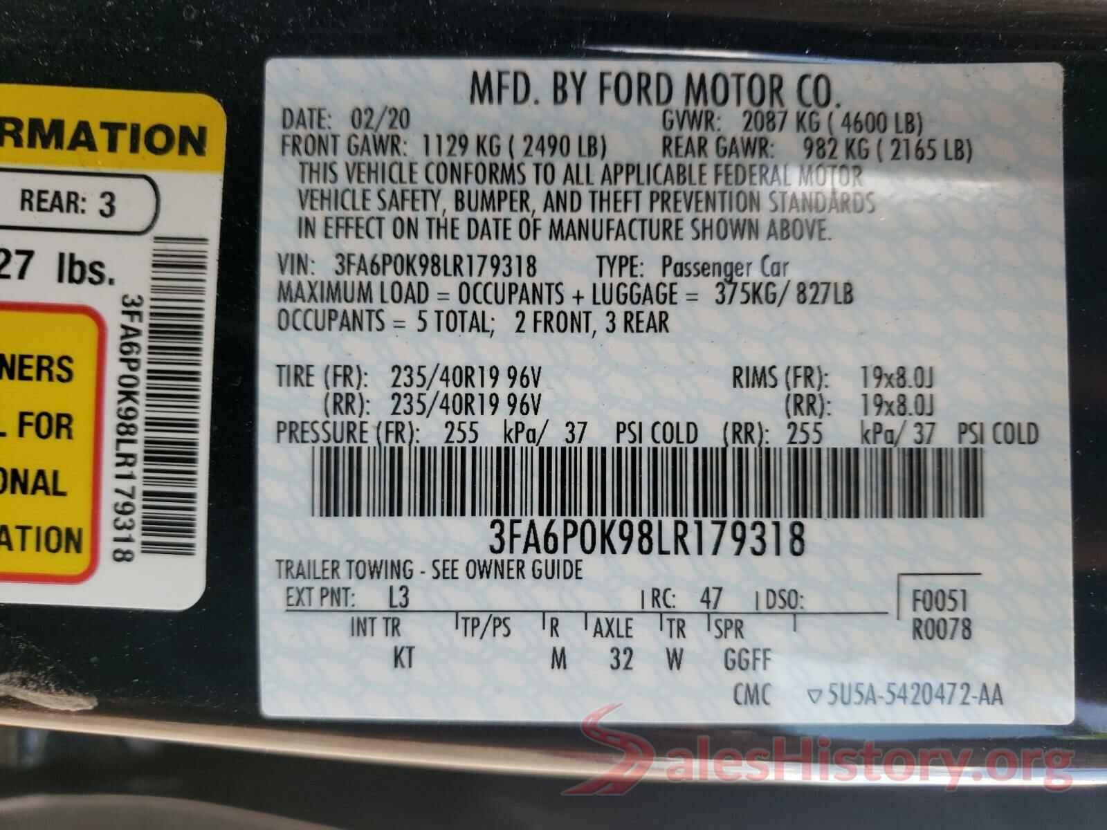 3FA6P0K98LR179318 2020 FORD FUSION