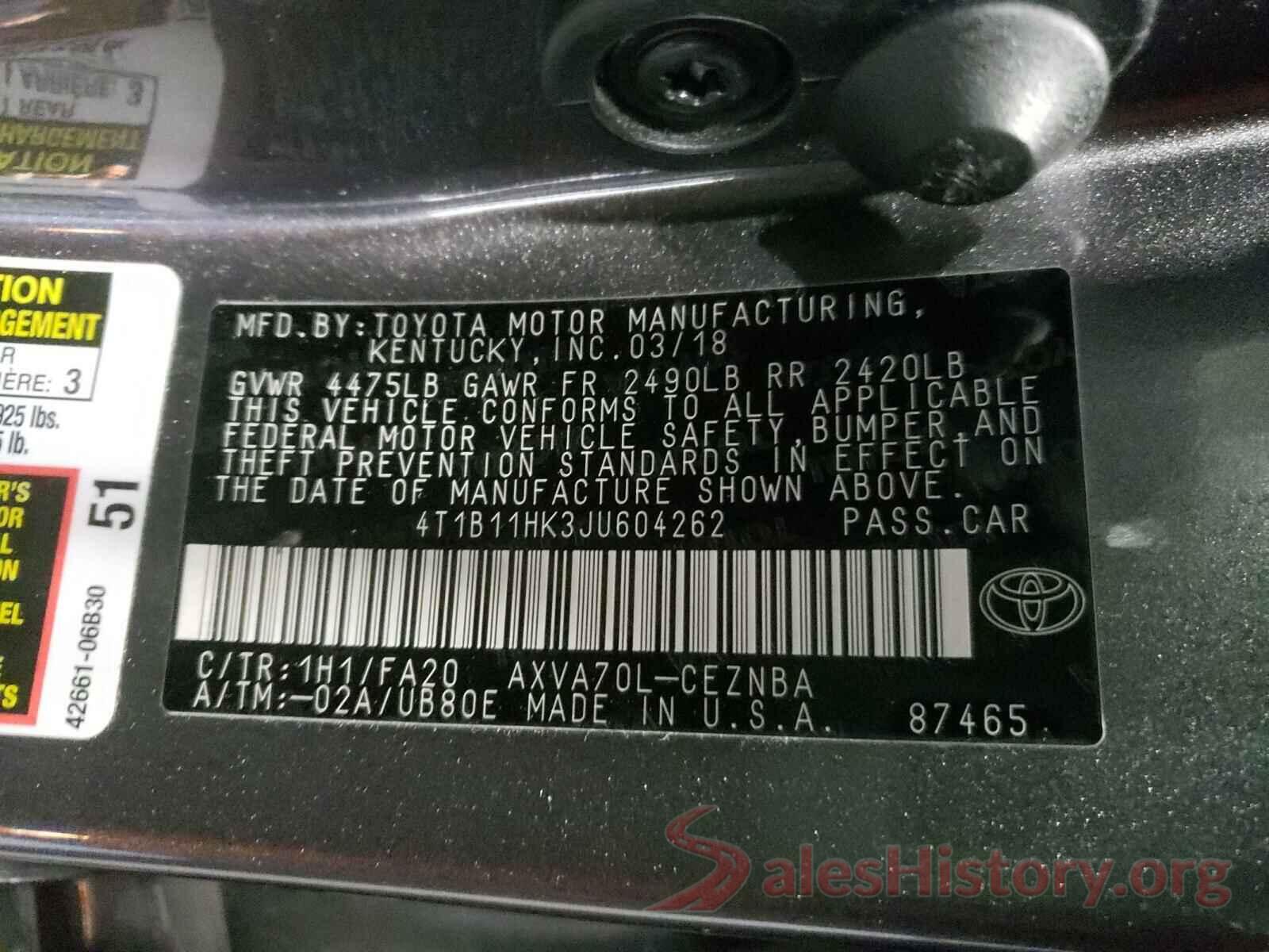 4T1B11HK3JU604262 2018 TOYOTA CAMRY