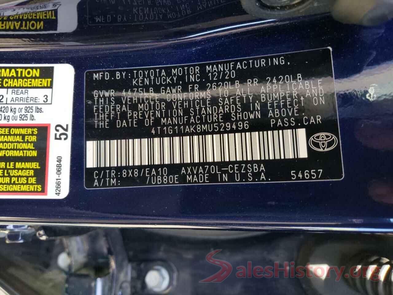 4T1G11AK8MU529496 2021 TOYOTA CAMRY