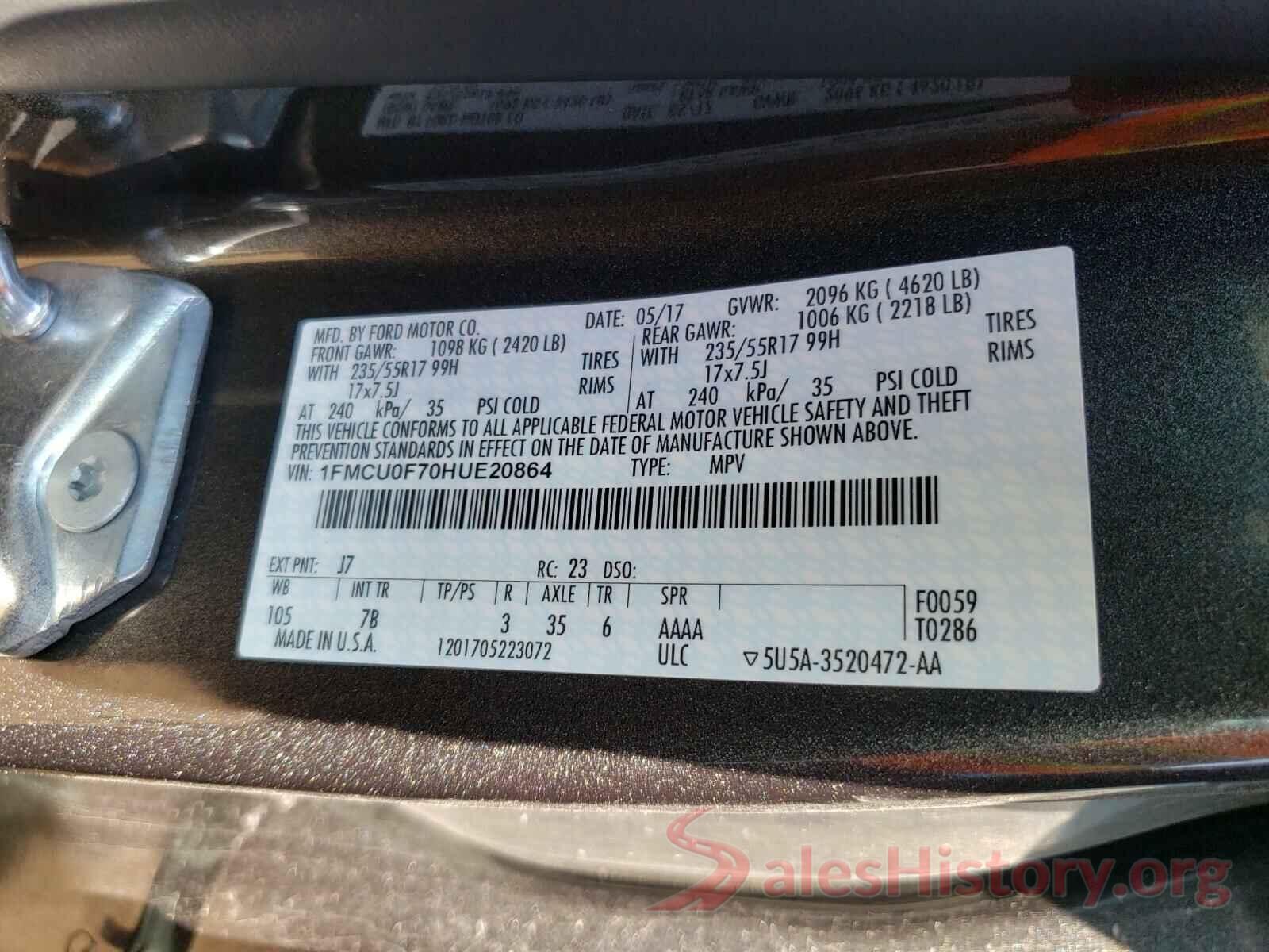 1FMCU0F70HUE20864 2017 FORD ESCAPE