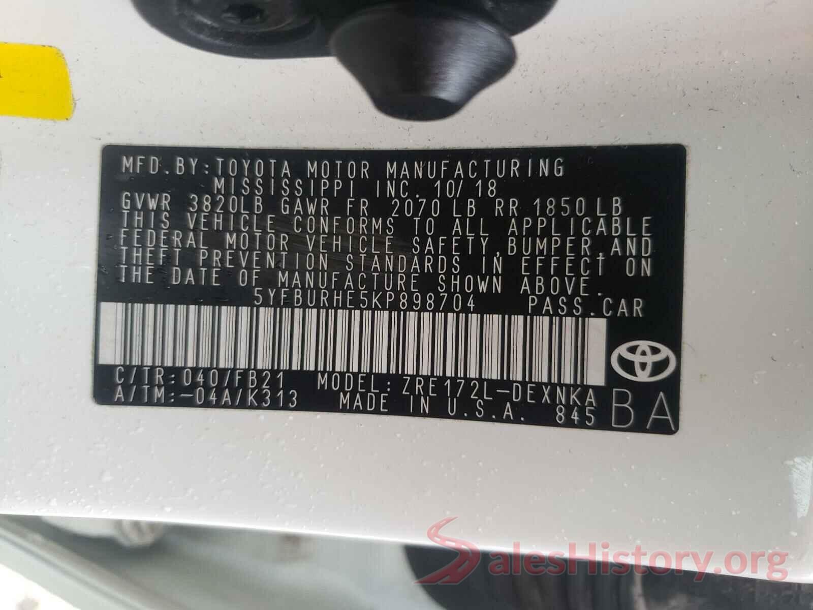 5YFBURHE5KP898704 2019 TOYOTA COROLLA