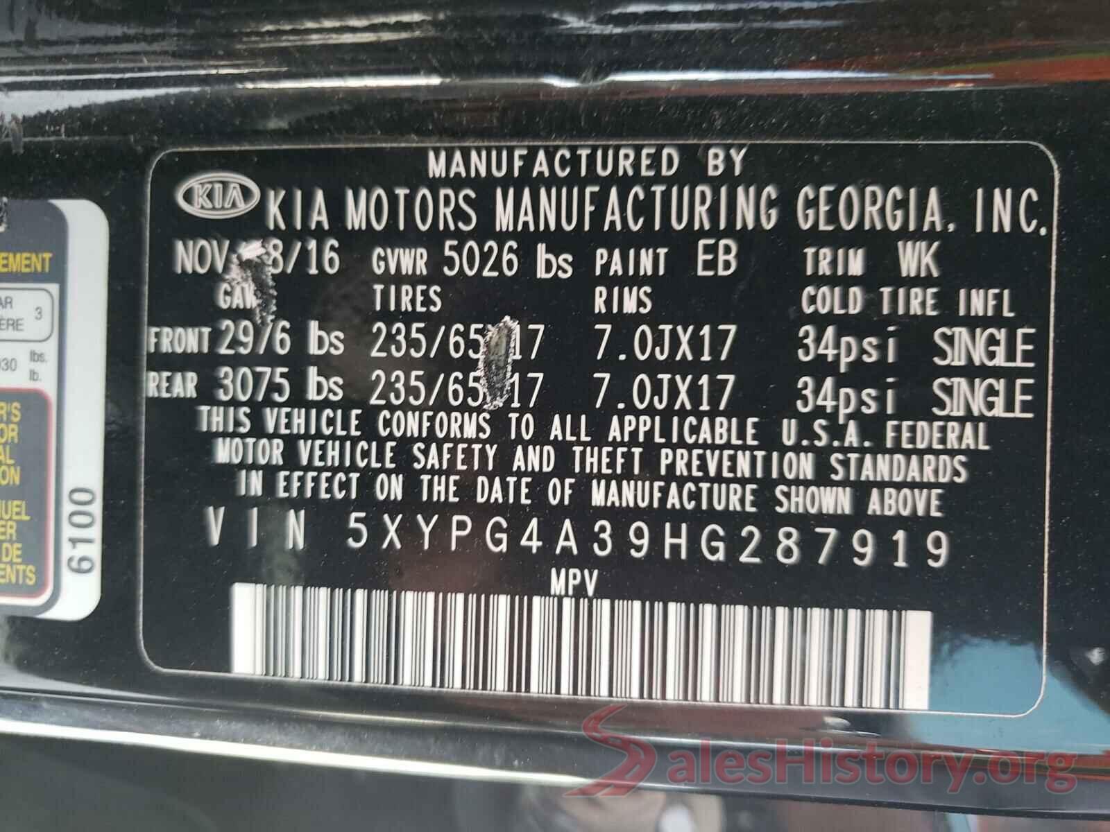 5XYPG4A39HG287919 2017 KIA SORENTO