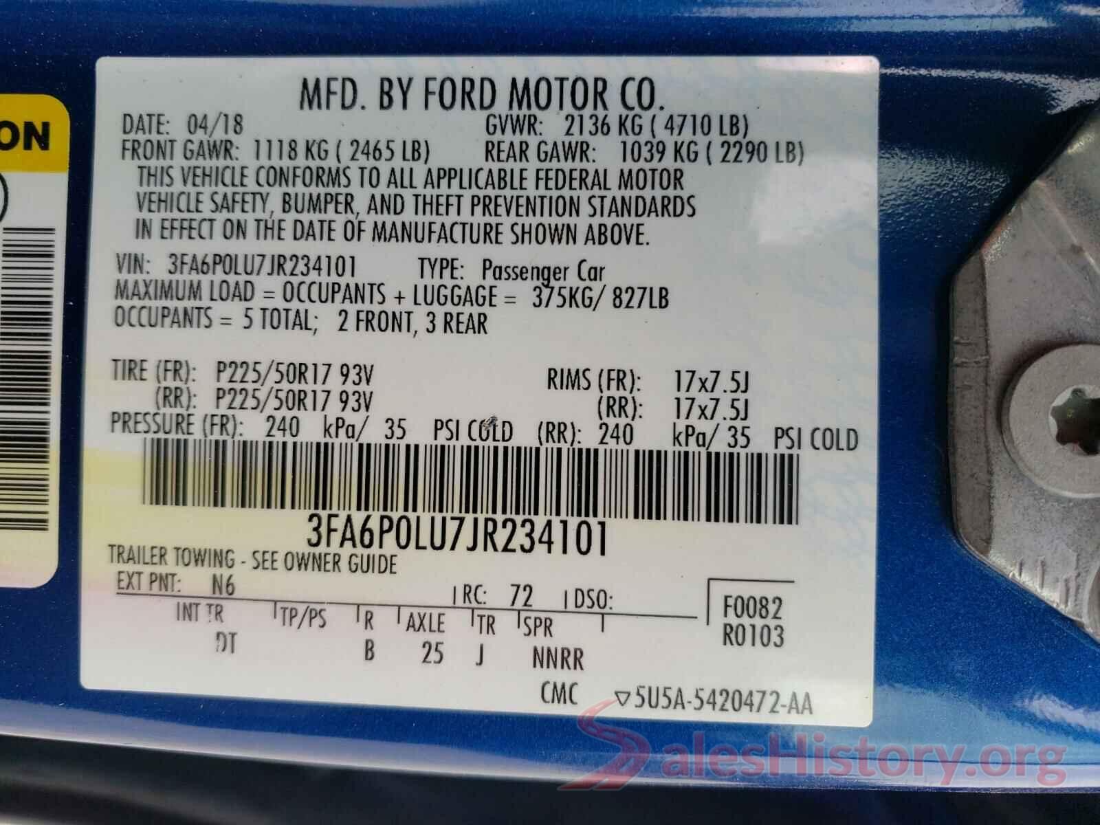 3FA6P0LU7JR234101 2018 FORD FUSION