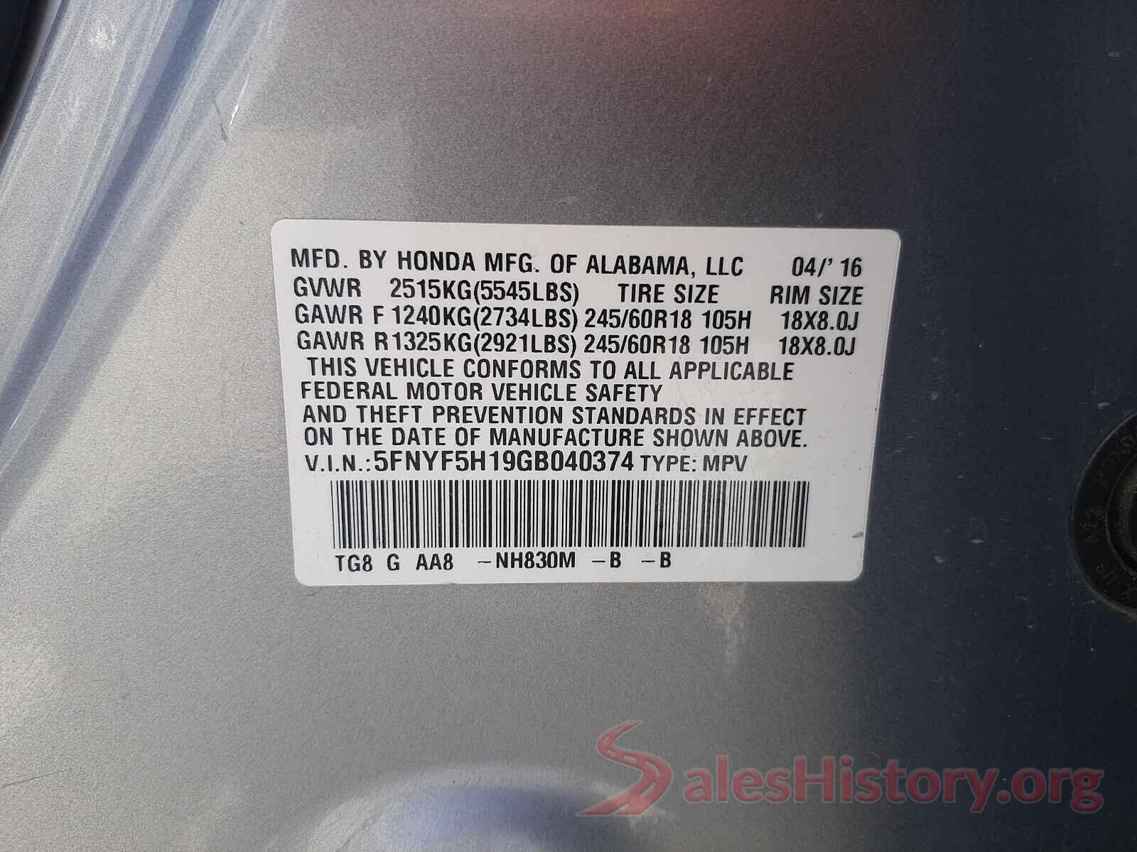 5FNYF5H19GB040374 2016 HONDA PILOT