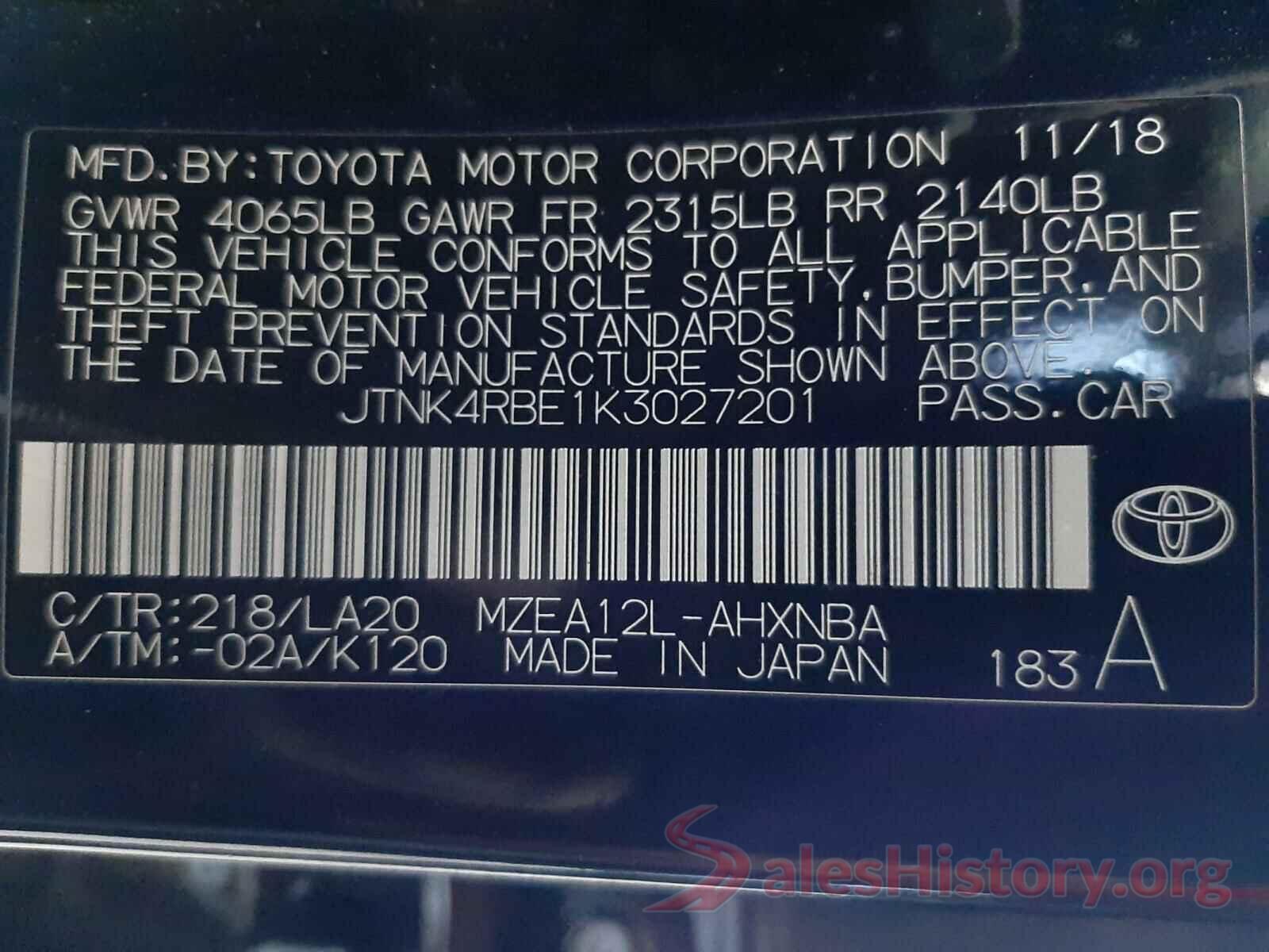 JTNK4RBE1K3027201 2019 TOYOTA COROLLA