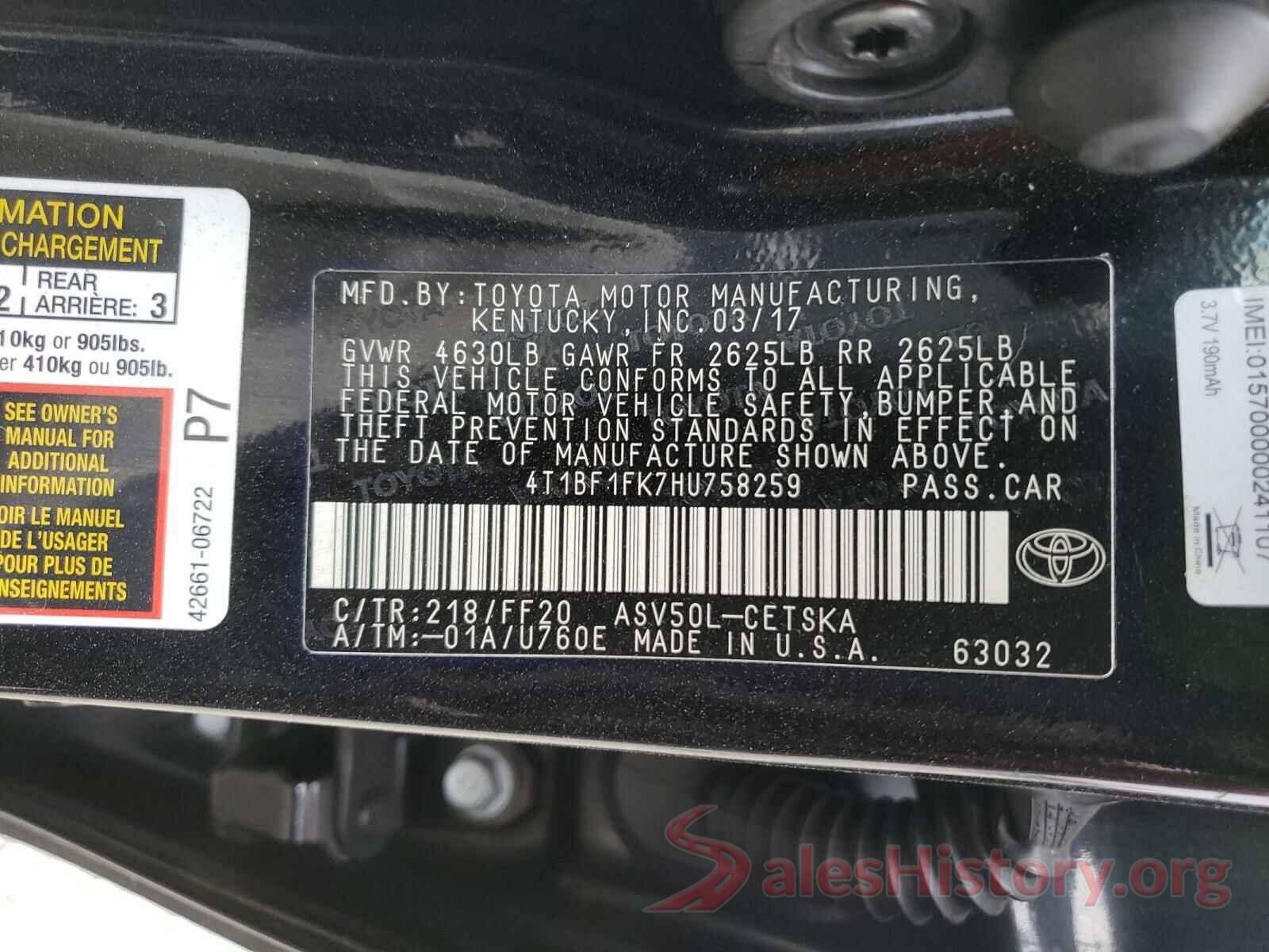 4T1BF1FK7HU758259 2017 TOYOTA CAMRY