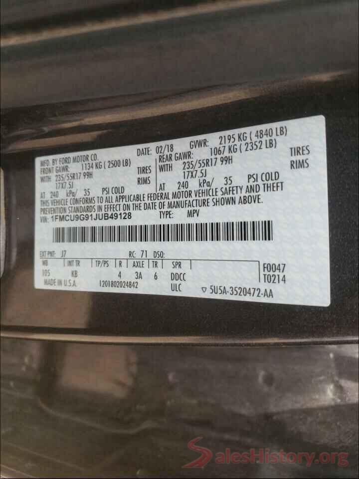 1FMCU9G91JUB49128 2018 FORD ESCAPE