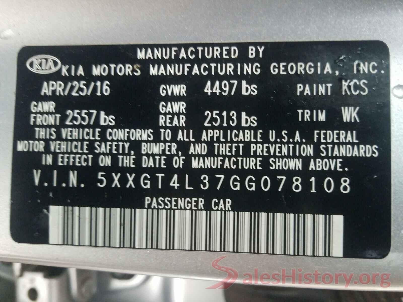 5XXGT4L37GG078108 2016 KIA OPTIMA