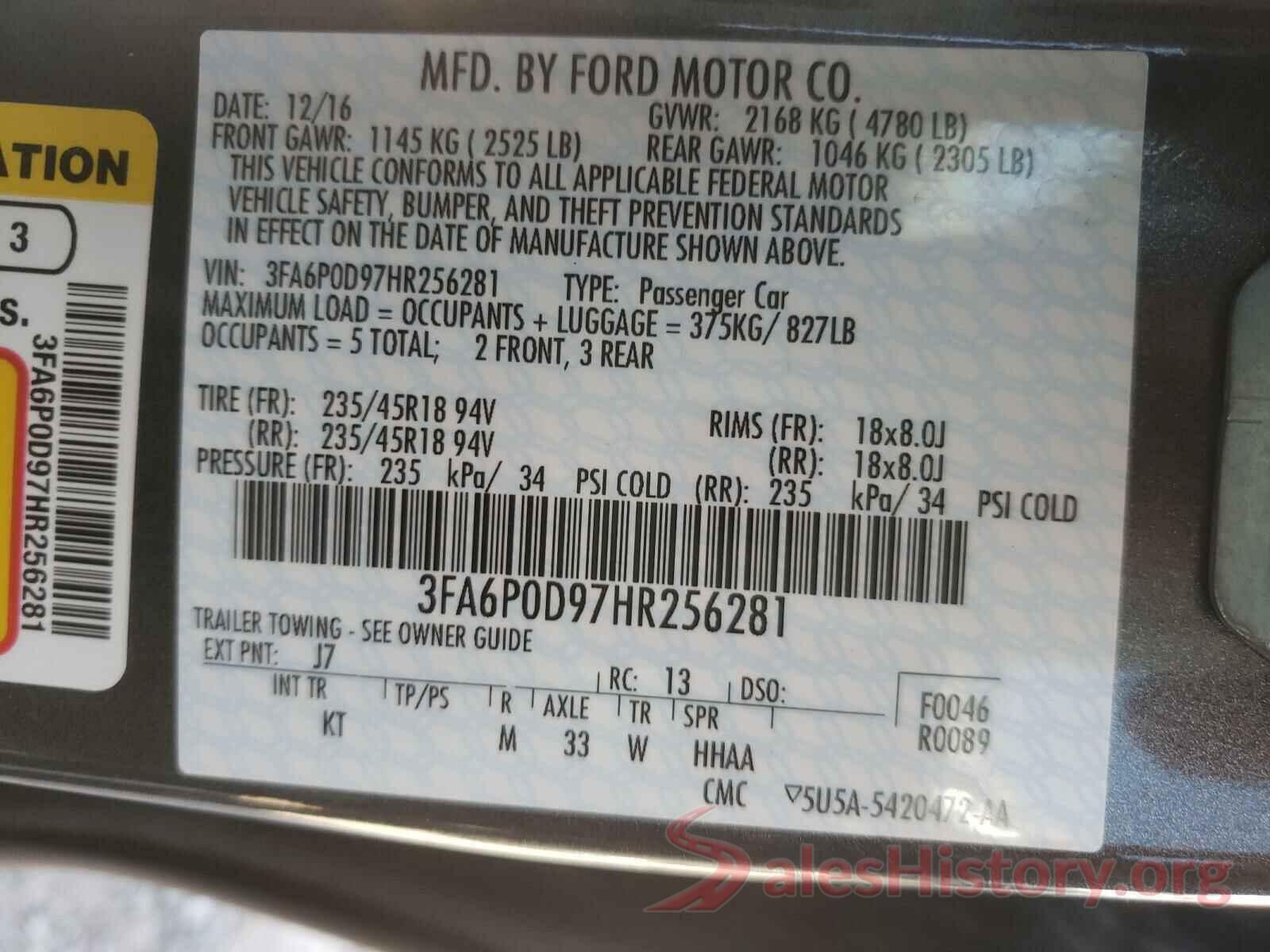 3FA6P0D97HR256281 2017 FORD FUSION