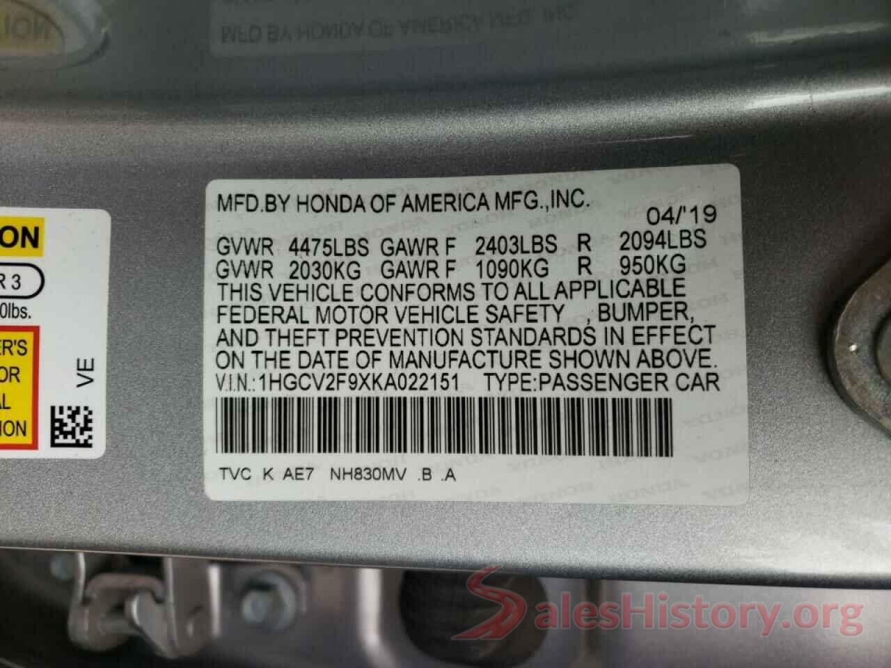 1HGCV2F9XKA022151 2019 HONDA ACCORD