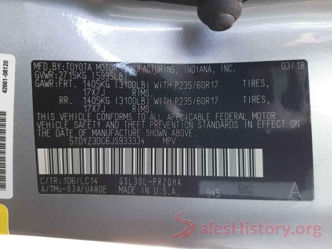 5TDYZ3DC6JS933334 2018 TOYOTA SIENNA