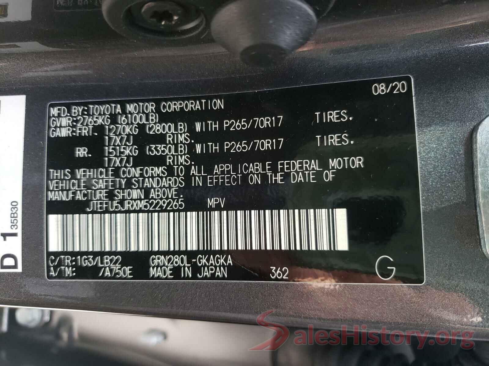 JTEFU5JRXM5229265 2021 TOYOTA 4RUNNER