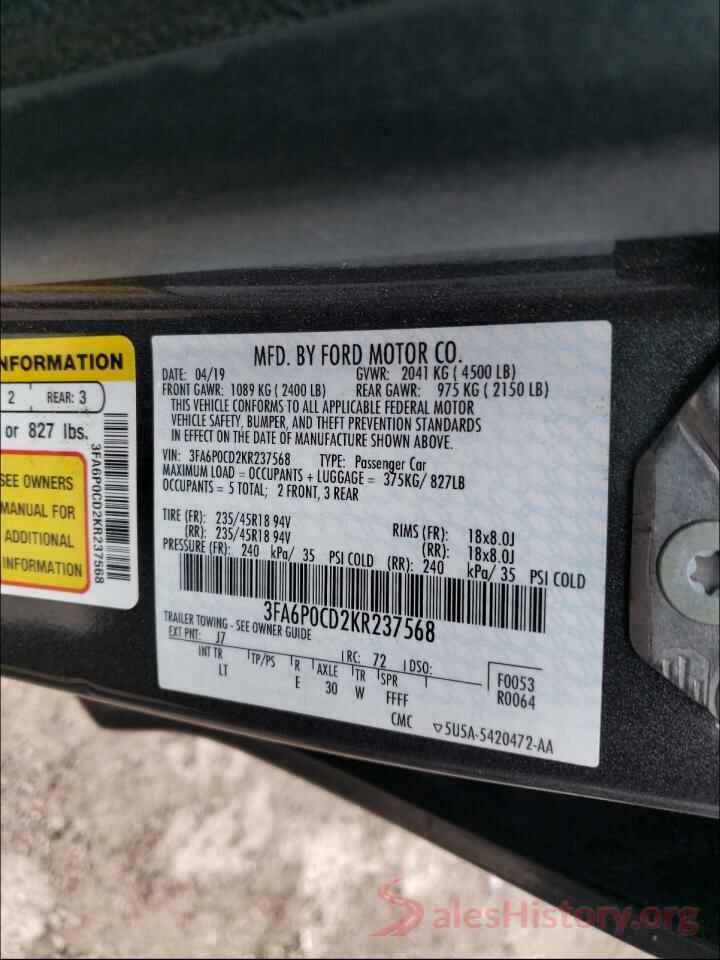 3FA6P0CD2KR237568 2019 FORD FUSION