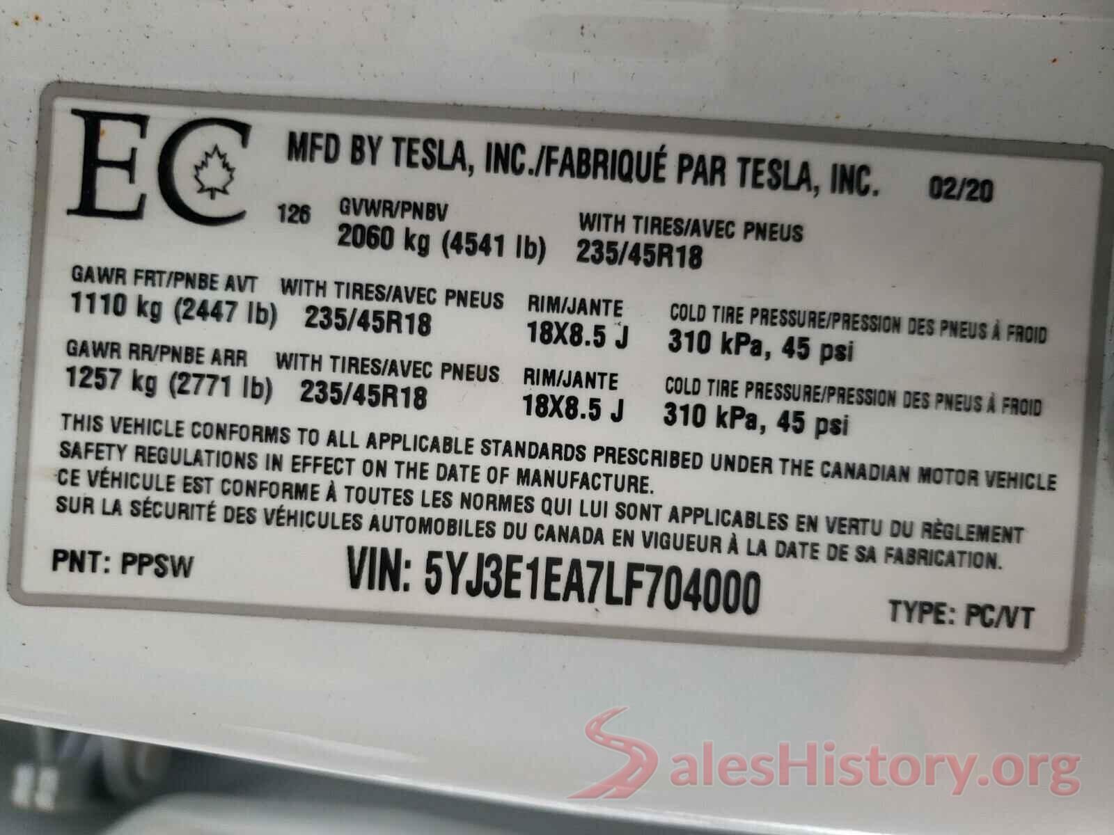 5YJ3E1EA7LF704000 2020 TESLA MODEL 3