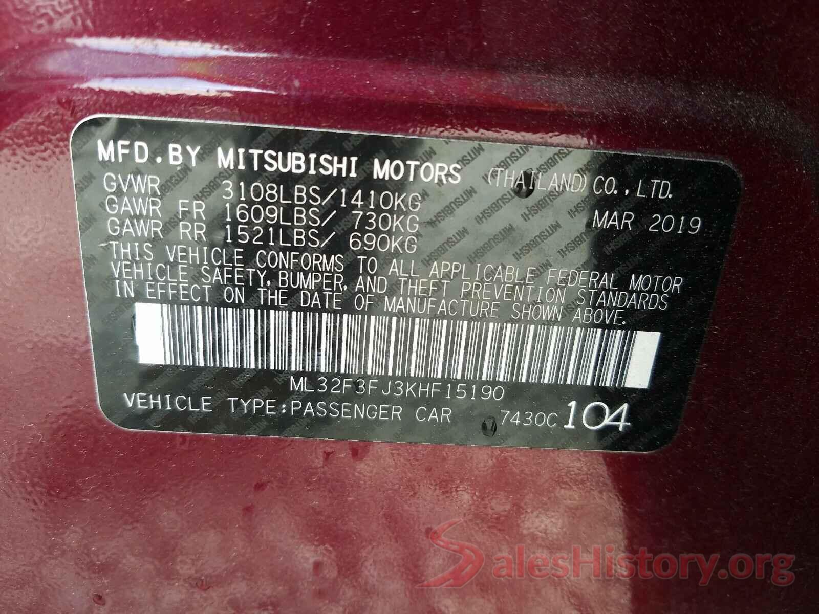 ML32F3FJ3KHF15190 2019 MITSUBISHI MIRAGE