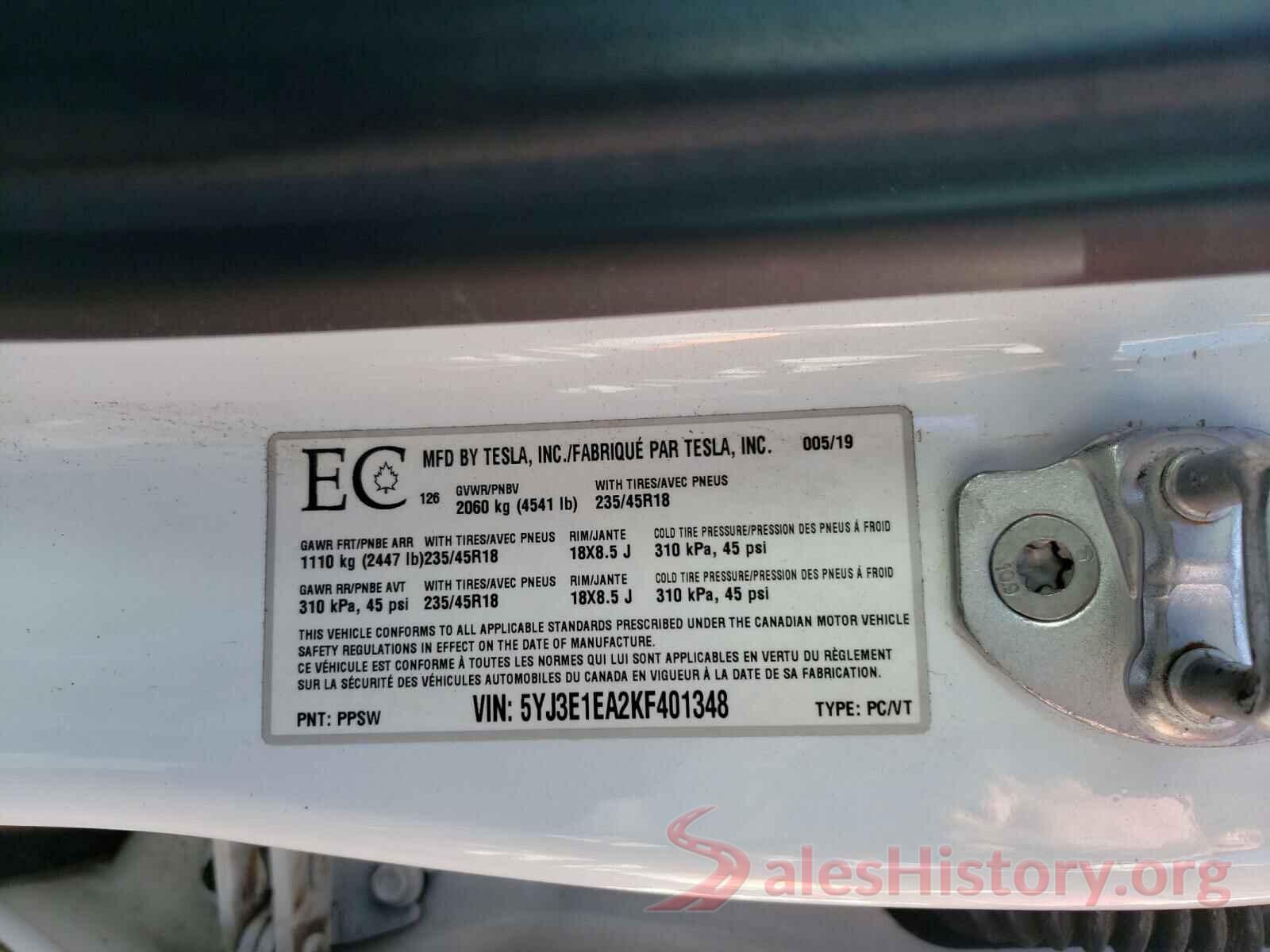 5YJ3E1EA2KF401348 2019 TESLA MODEL 3