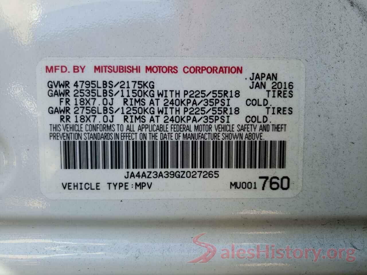 JA4AZ3A39GZ027265 2016 MITSUBISHI OUTLANDER