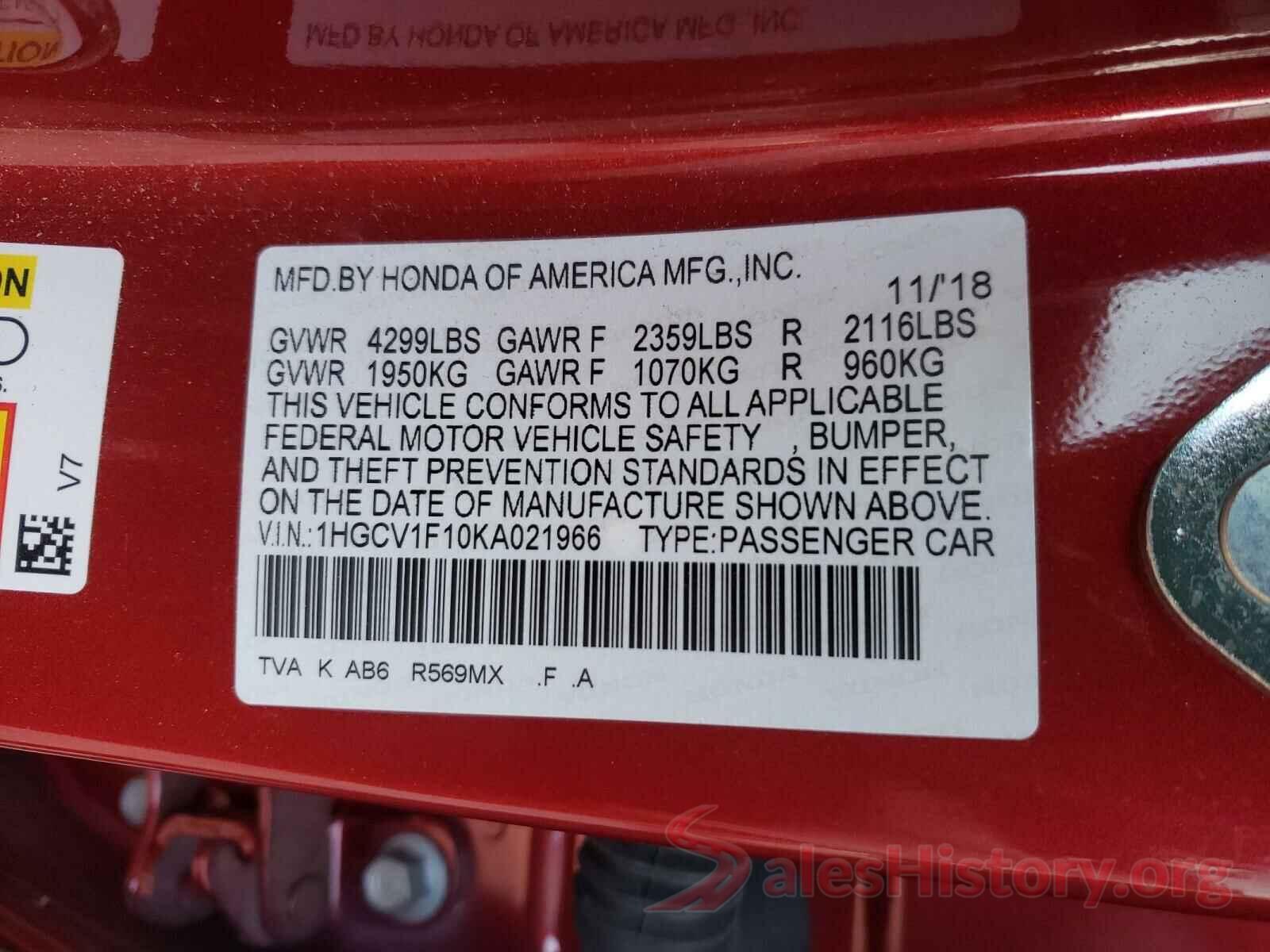 1HGCV1F10KA021966 2019 HONDA ACCORD