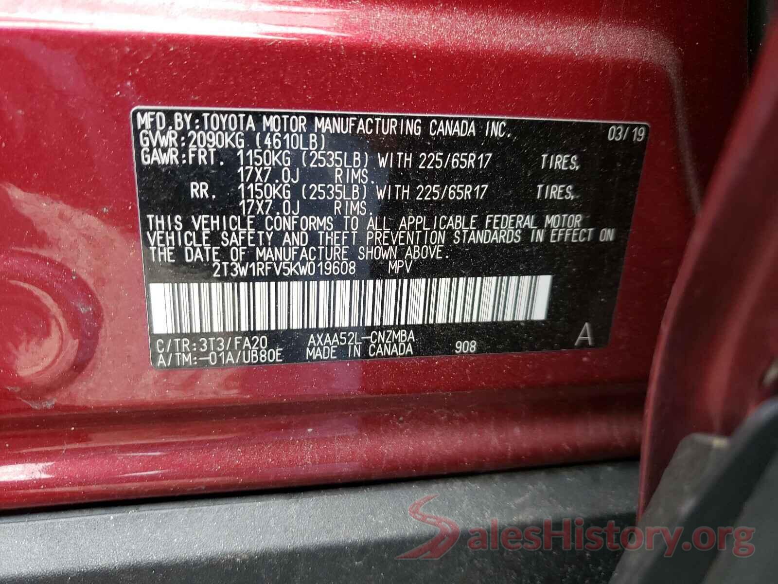 2T3W1RFV5KW019608 2019 TOYOTA RAV4