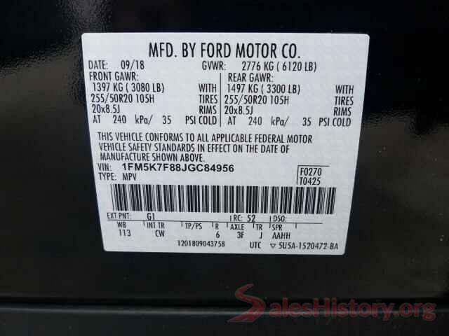 1FM5K7F88JGC84956 2018 FORD EXPLORER