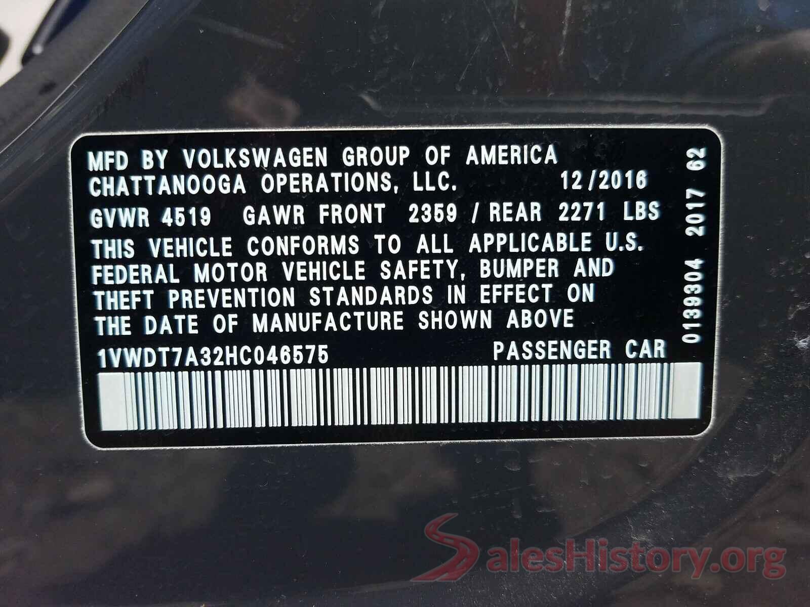 1VWDT7A32HC046575 2017 VOLKSWAGEN PASSAT