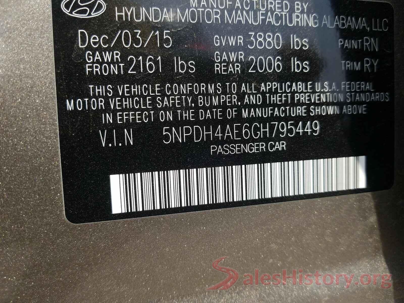 5NPDH4AE6GH795449 2016 HYUNDAI ELANTRA