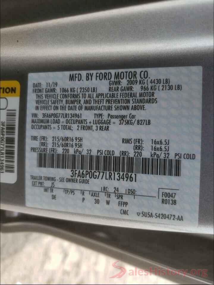 3FA6P0G77LR134961 2020 FORD FUSION