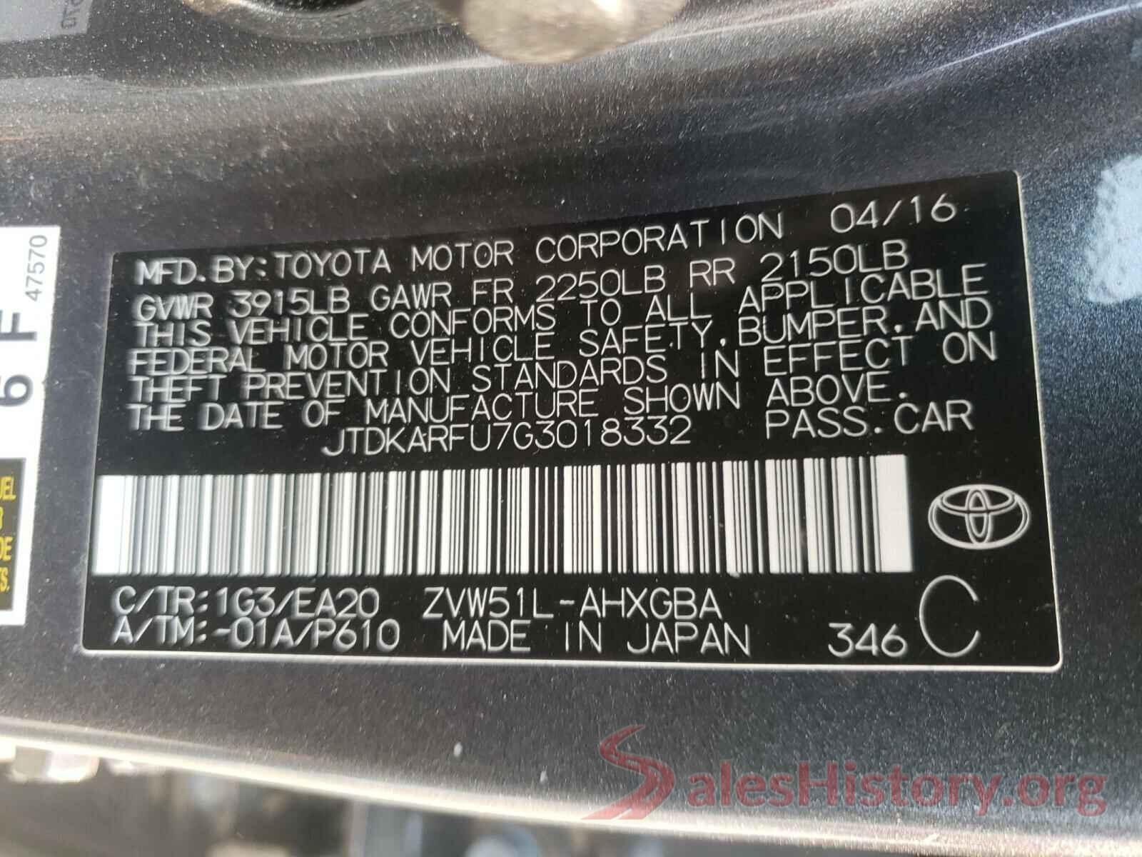 JTDKARFU7G3018332 2016 TOYOTA PRIUS