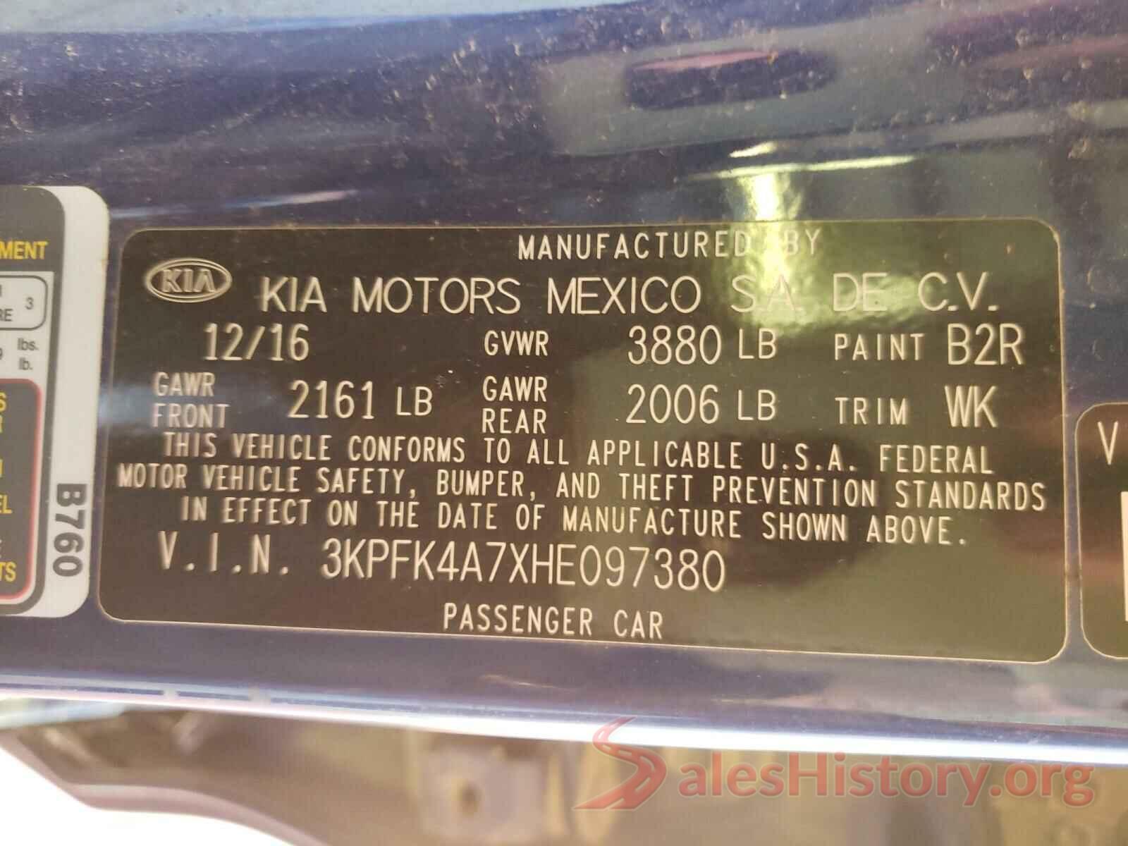 3KPFK4A7XHE097380 2017 KIA FORTE