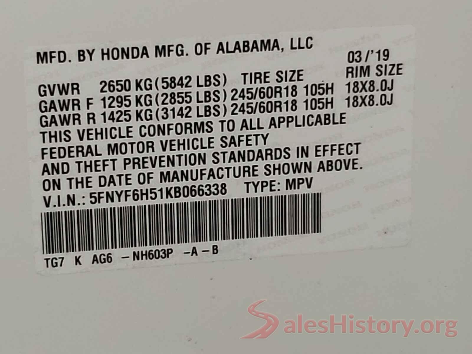 5FNYF6H51KB066338 2019 HONDA PILOT