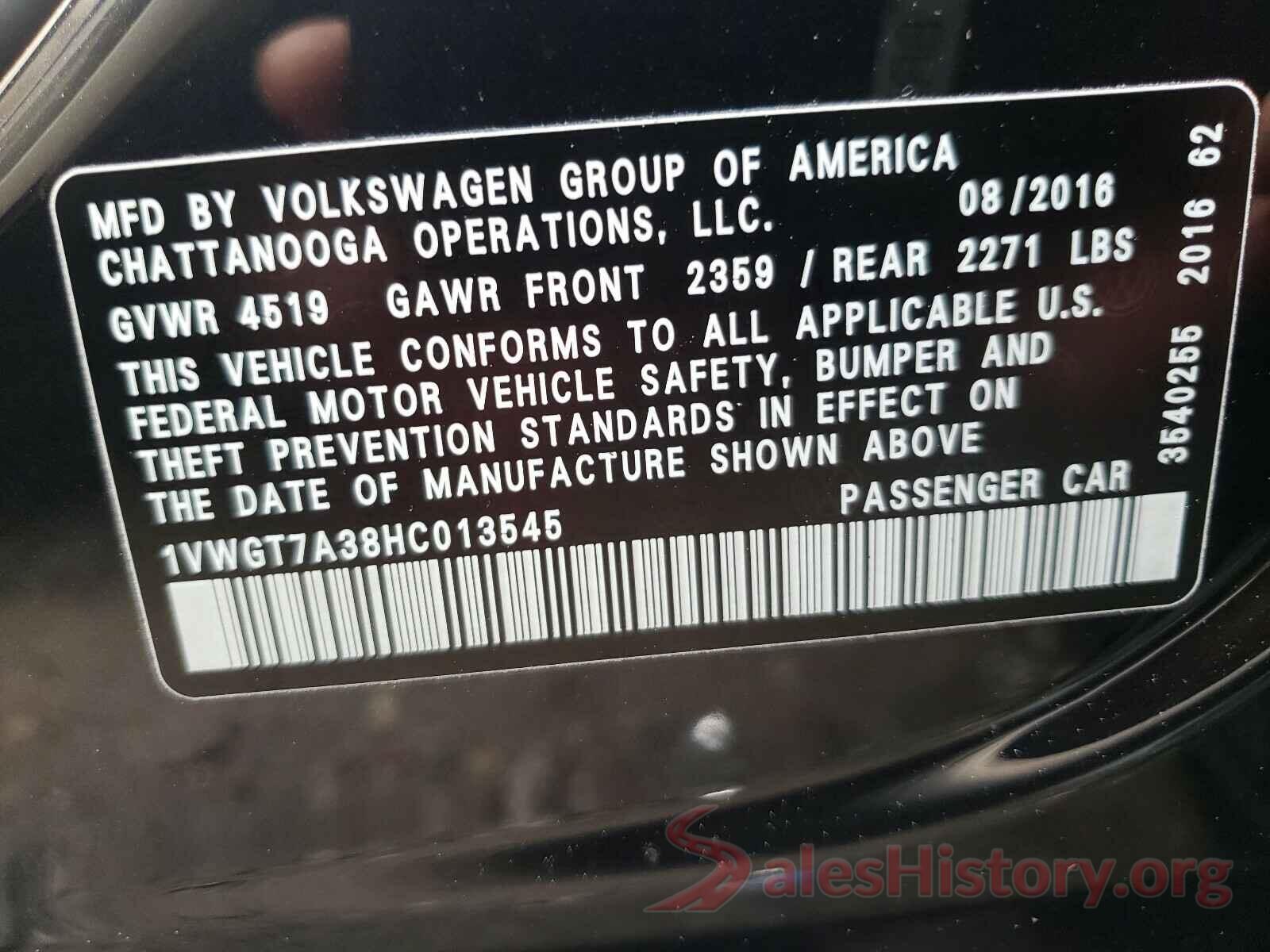 1VWGT7A38HC013545 2017 VOLKSWAGEN PASSAT