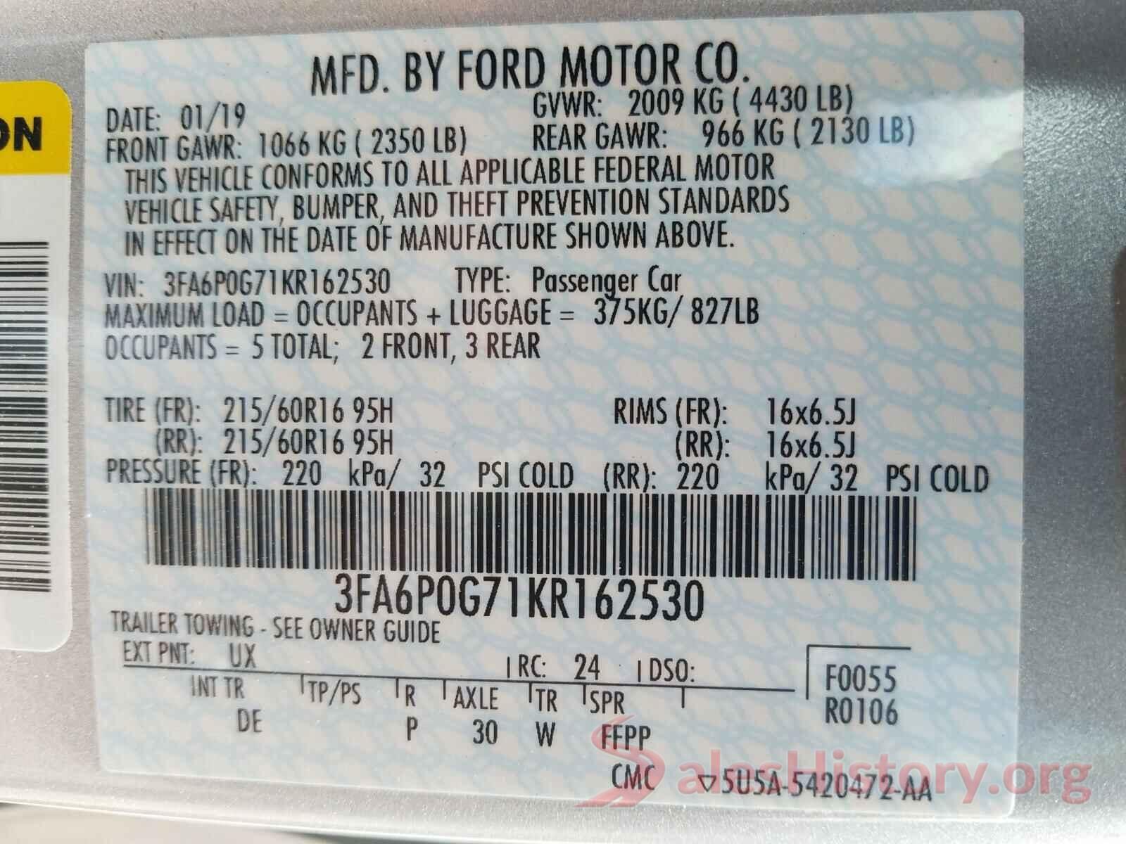 3FA6P0G71KR162530 2019 FORD FUSION