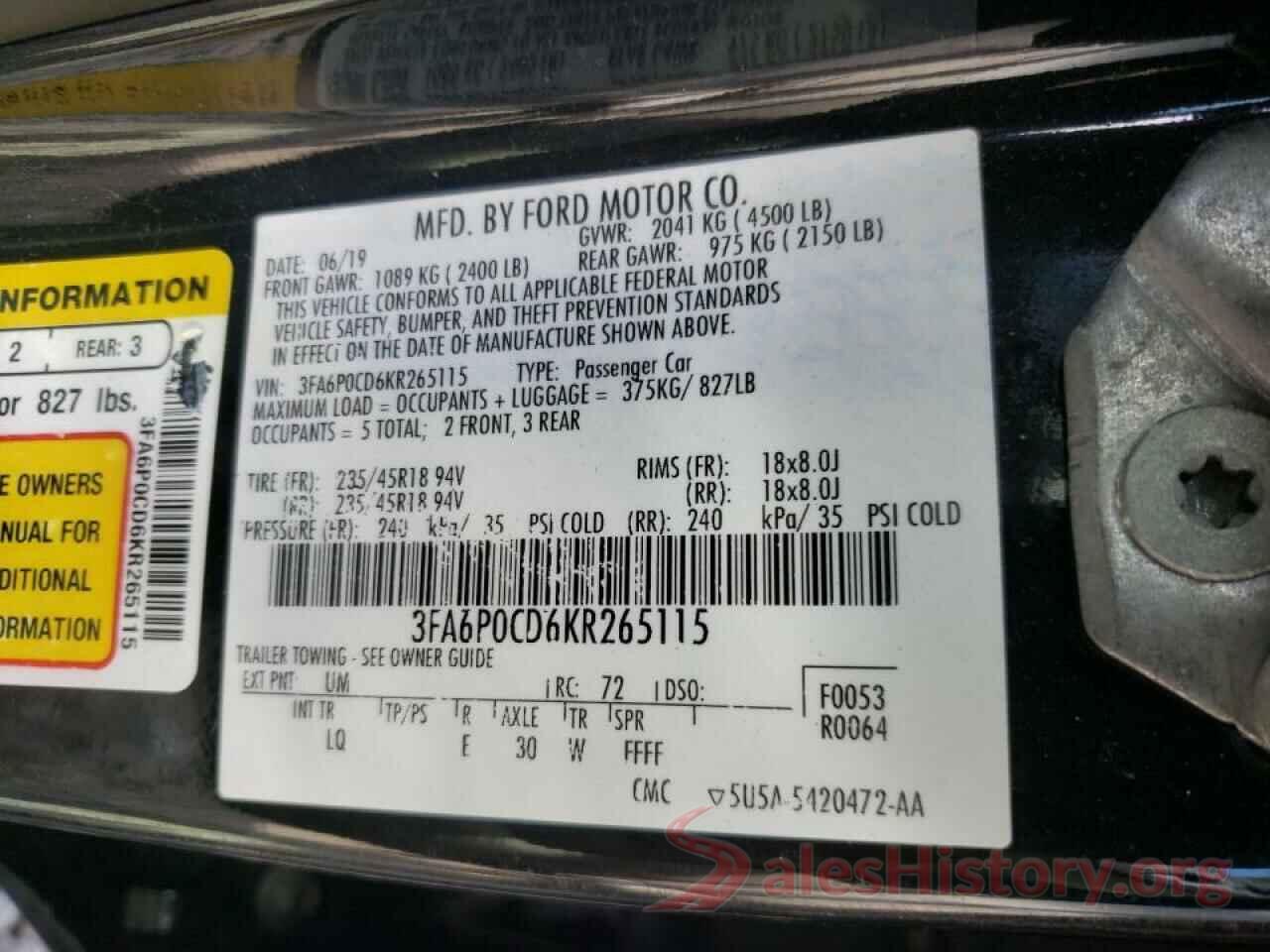 3FA6P0CD6KR265115 2019 FORD FUSION