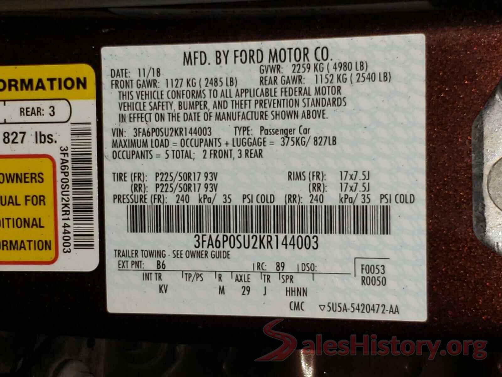 3FA6P0SU2KR144003 2019 FORD FUSION