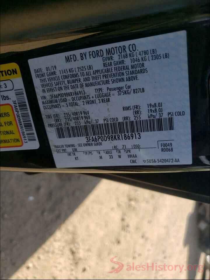 3FA6P0D98KR186913 2019 FORD FUSION