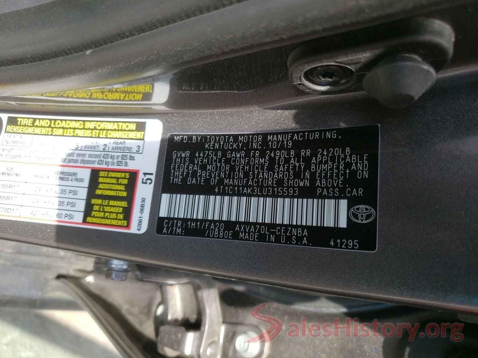 4T1C11AK3LU315593 2020 TOYOTA CAMRY