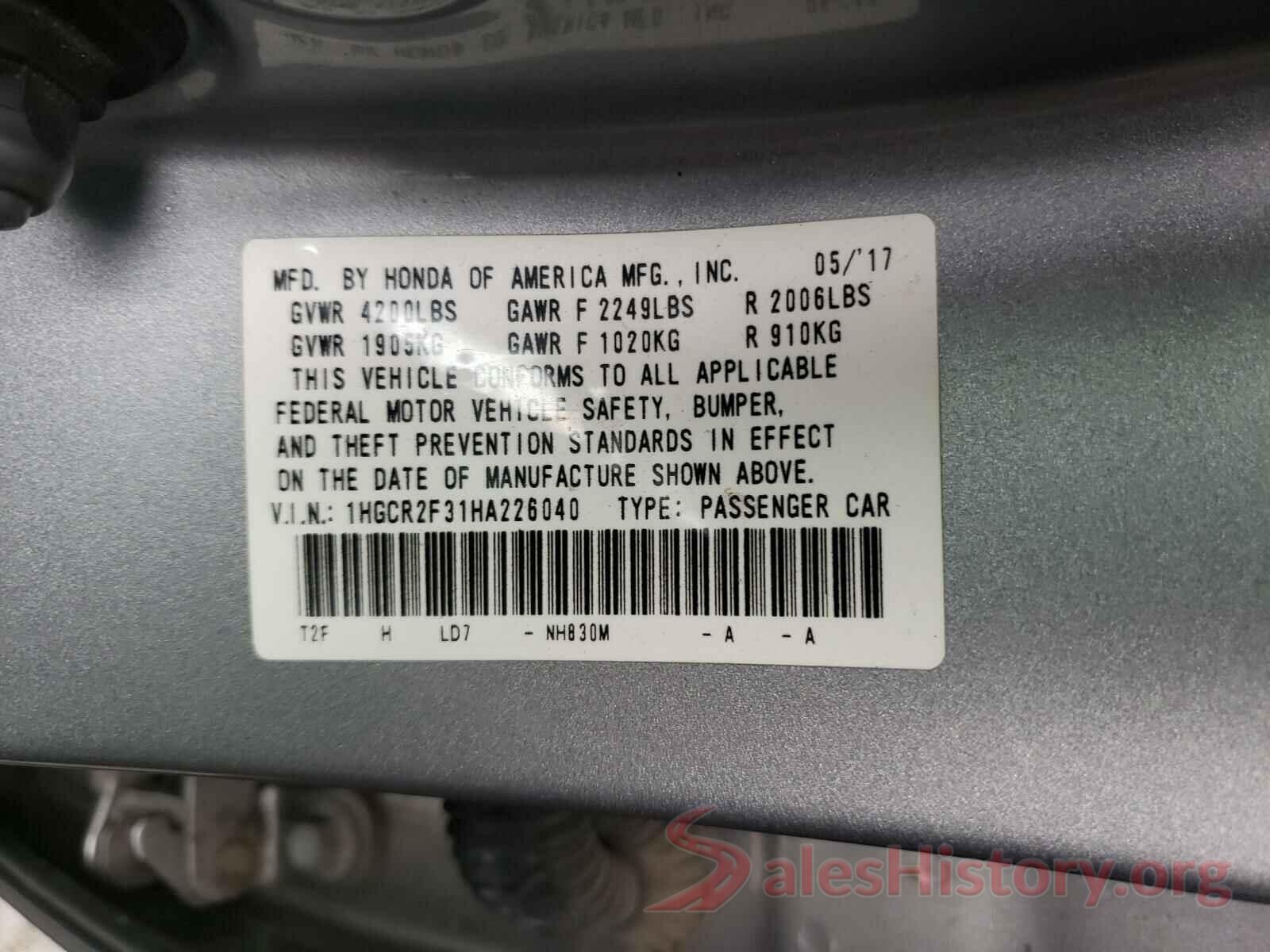 1HGCR2F31HA226040 2017 HONDA ACCORD