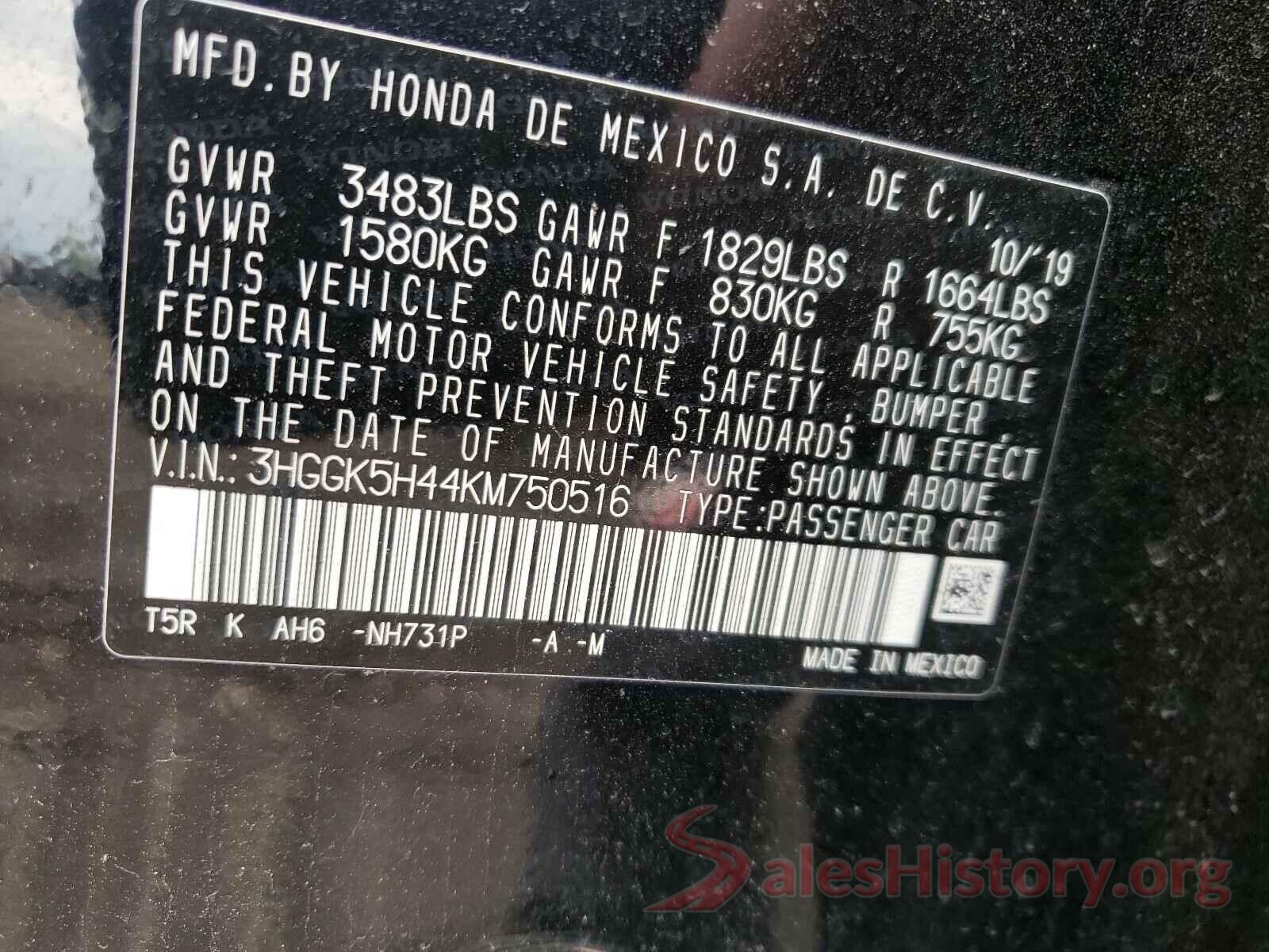 3HGGK5H44KM750516 2019 HONDA FIT