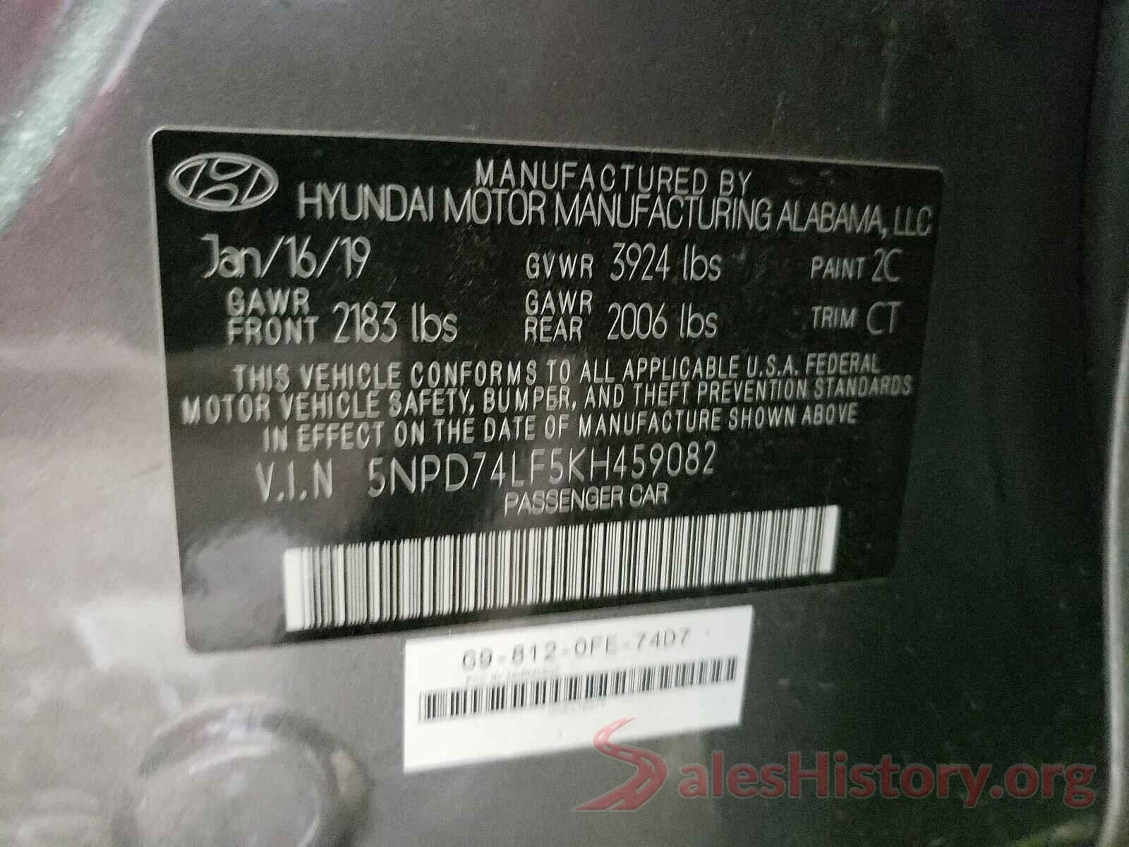 5NPD74LF5KH459082 2019 HYUNDAI ELANTRA