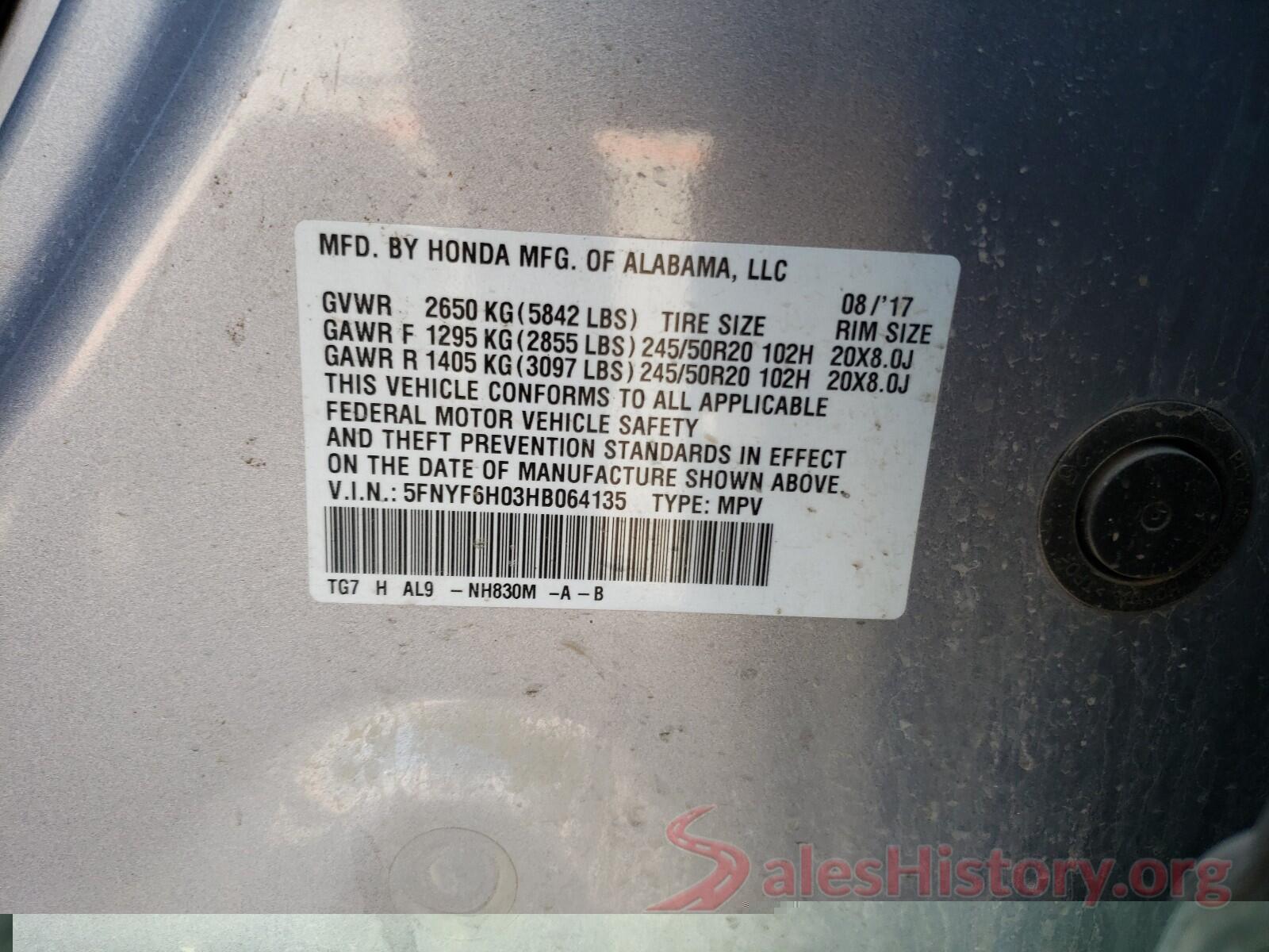 5FNYF6H03HB064135 2017 HONDA PILOT