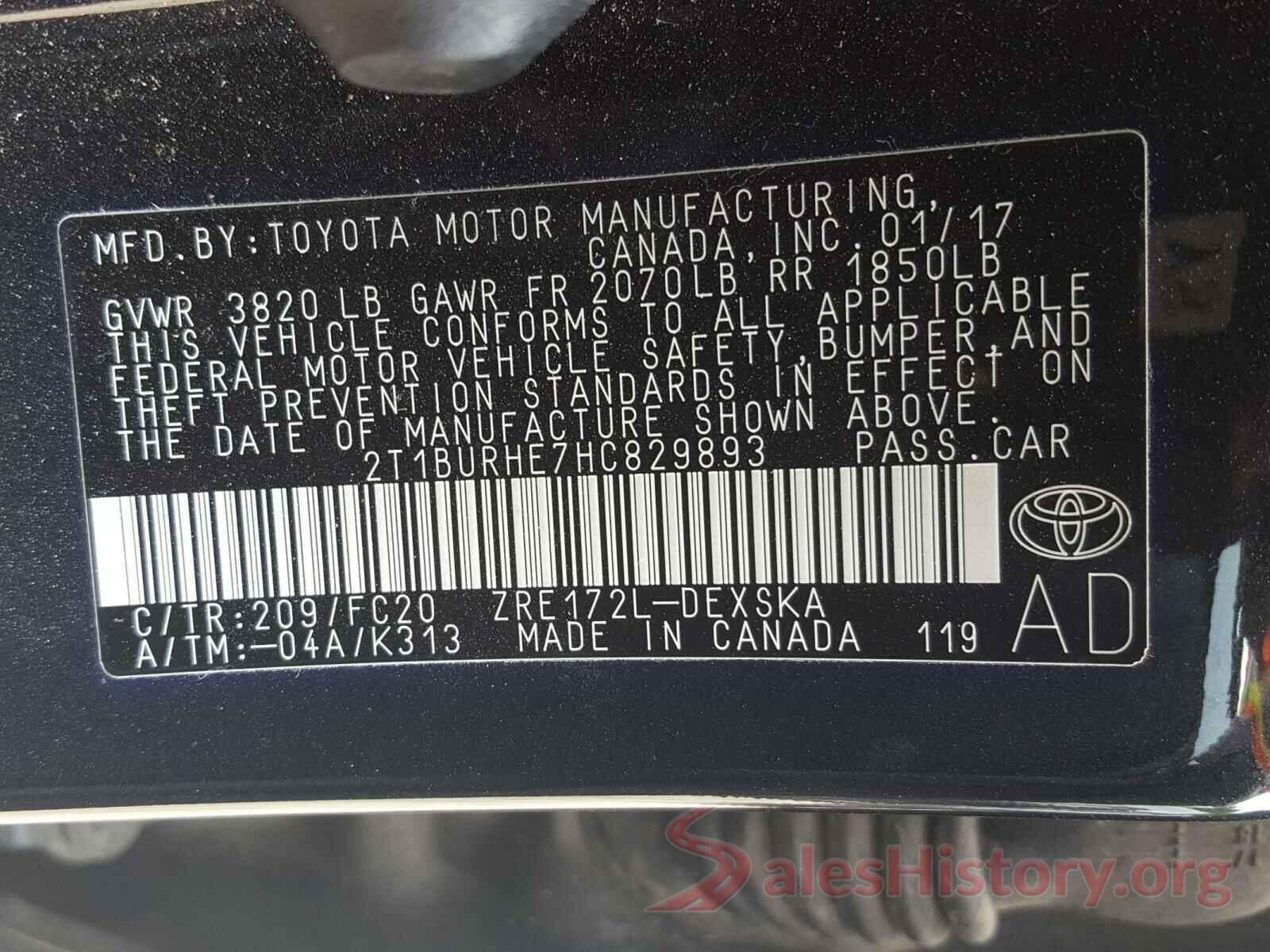 2T1BURHE7HC829893 2017 TOYOTA COROLLA