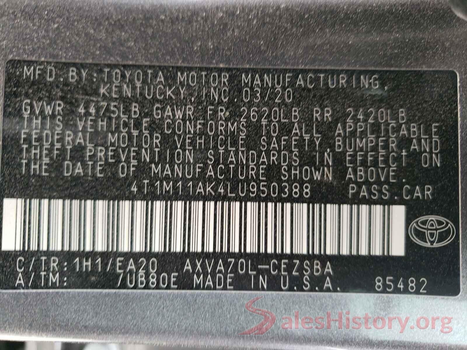 4T1M11AK4LU950388 2020 TOYOTA CAMRY