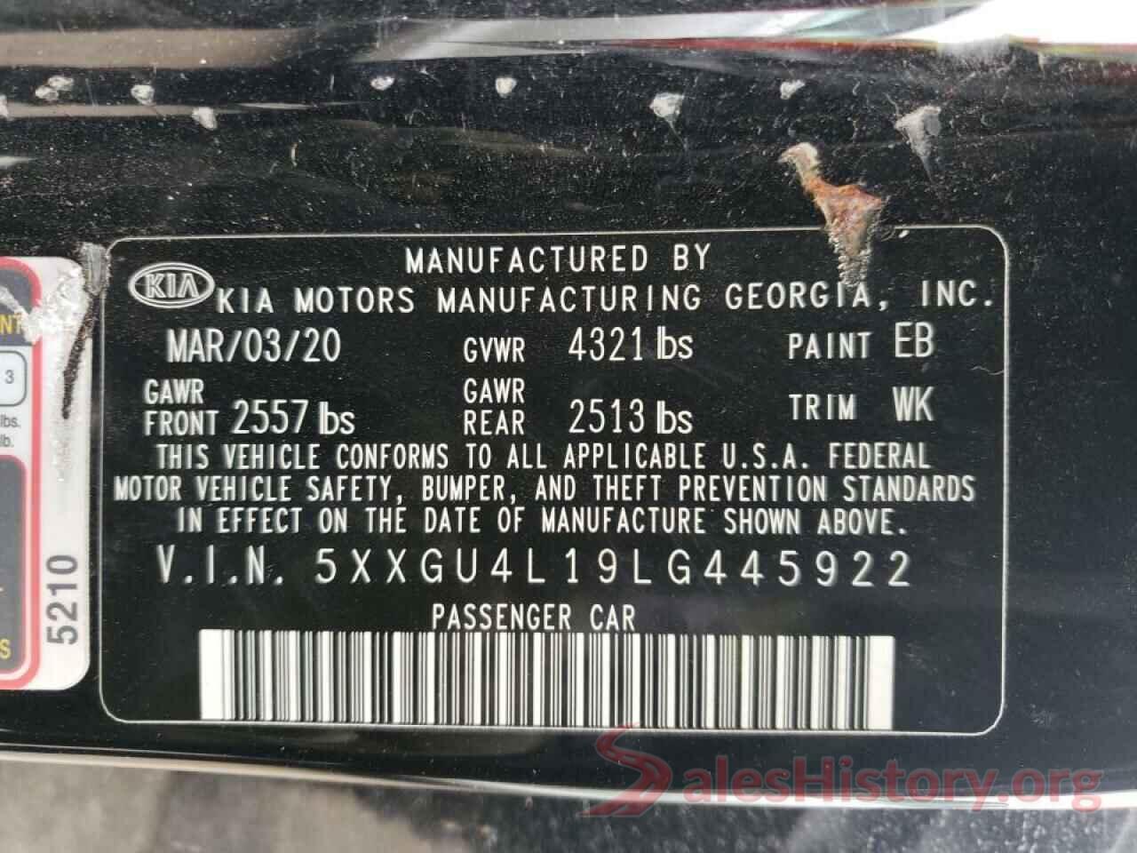 5XXGU4L19LG445922 2020 KIA OPTIMA